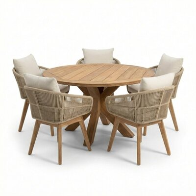 Genua/Bella zand dining tuinset | 5 personen | teakhout + touw | 140cm rond