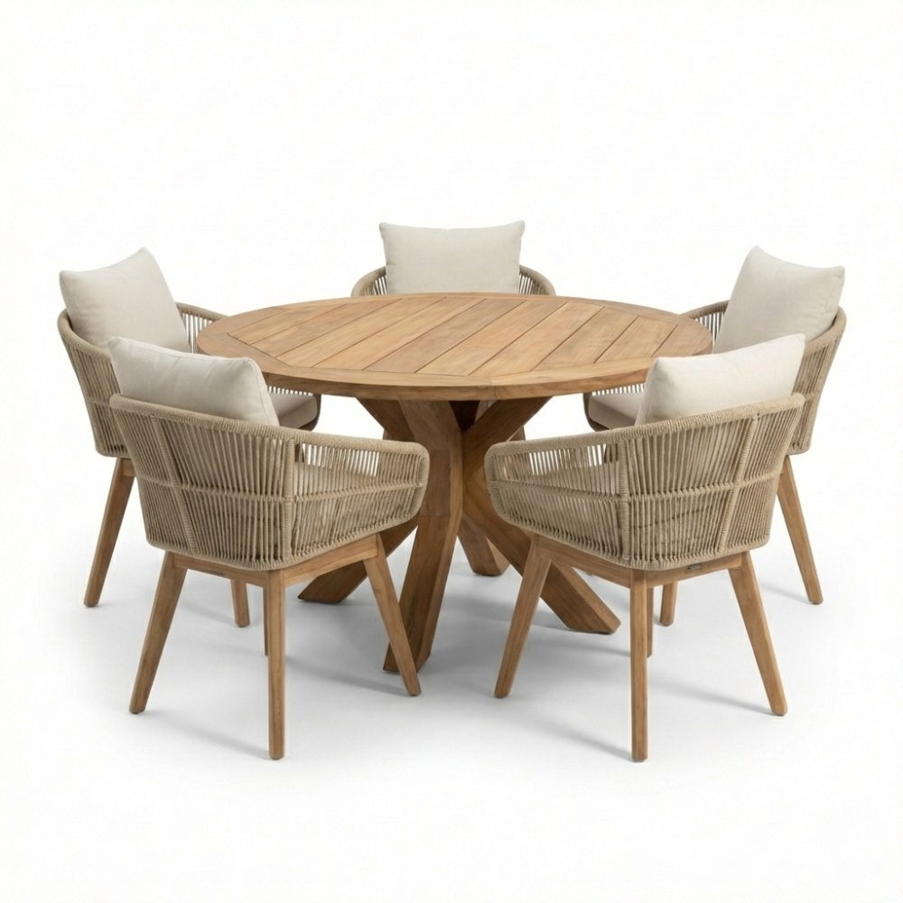 Genua/Bella zand dining tuinset | 5 personen | teakhout + touw | 140cm rond afbeelding