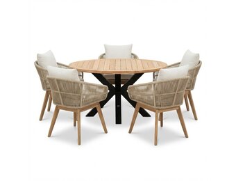 Cleve/Bella zand dining tuinset | 5 personen | teakhout + touw | 140cm rond