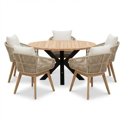 Cleve/Bella zand dining tuinset | 5 personen | teakhout + touw | 140cm rond