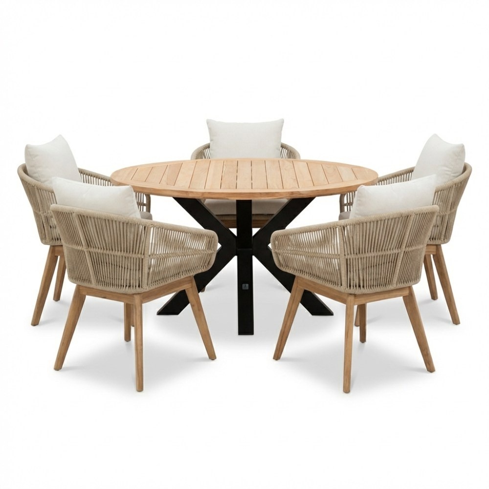 Cleve/Bella zand dining tuinset | 5 personen | teakhout + touw | 140cm rond afbeelding