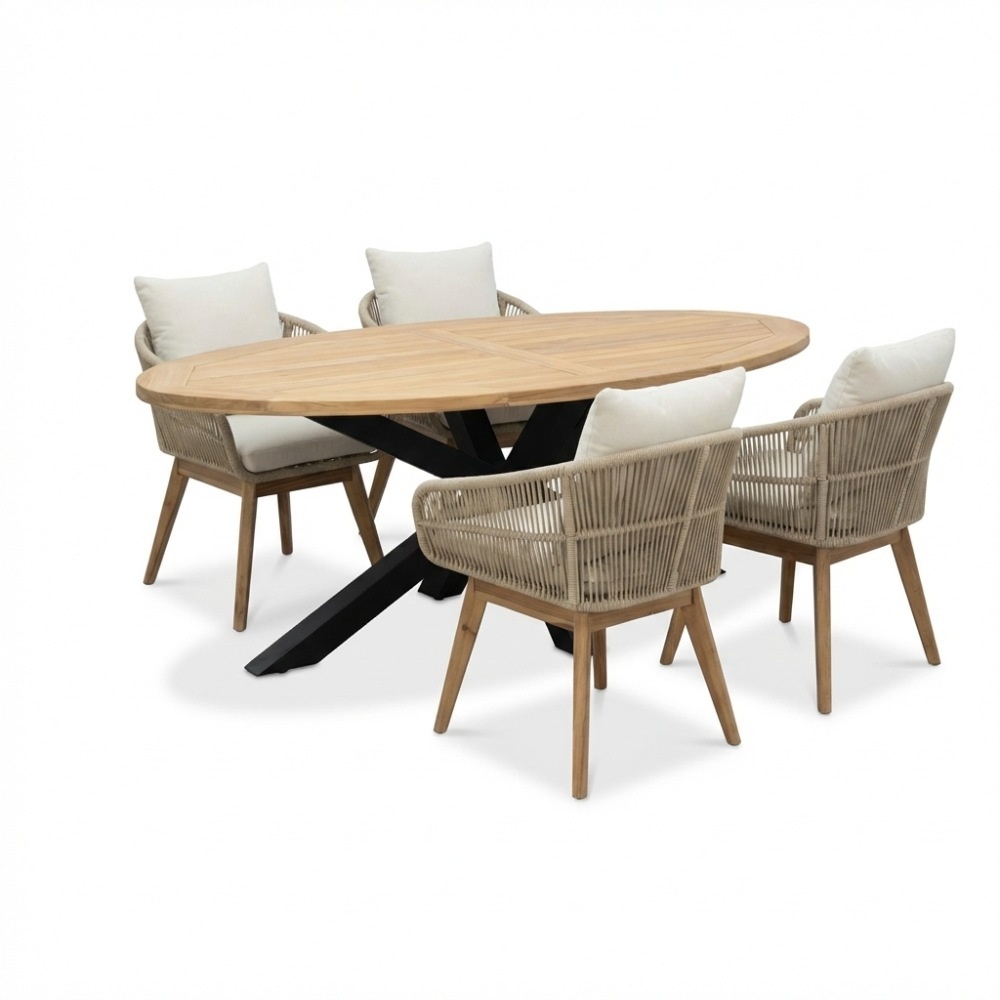Cleve/Bella zand dining tuinset | 4 personen | teakhout + touw | 200cm ovaal afbeelding
