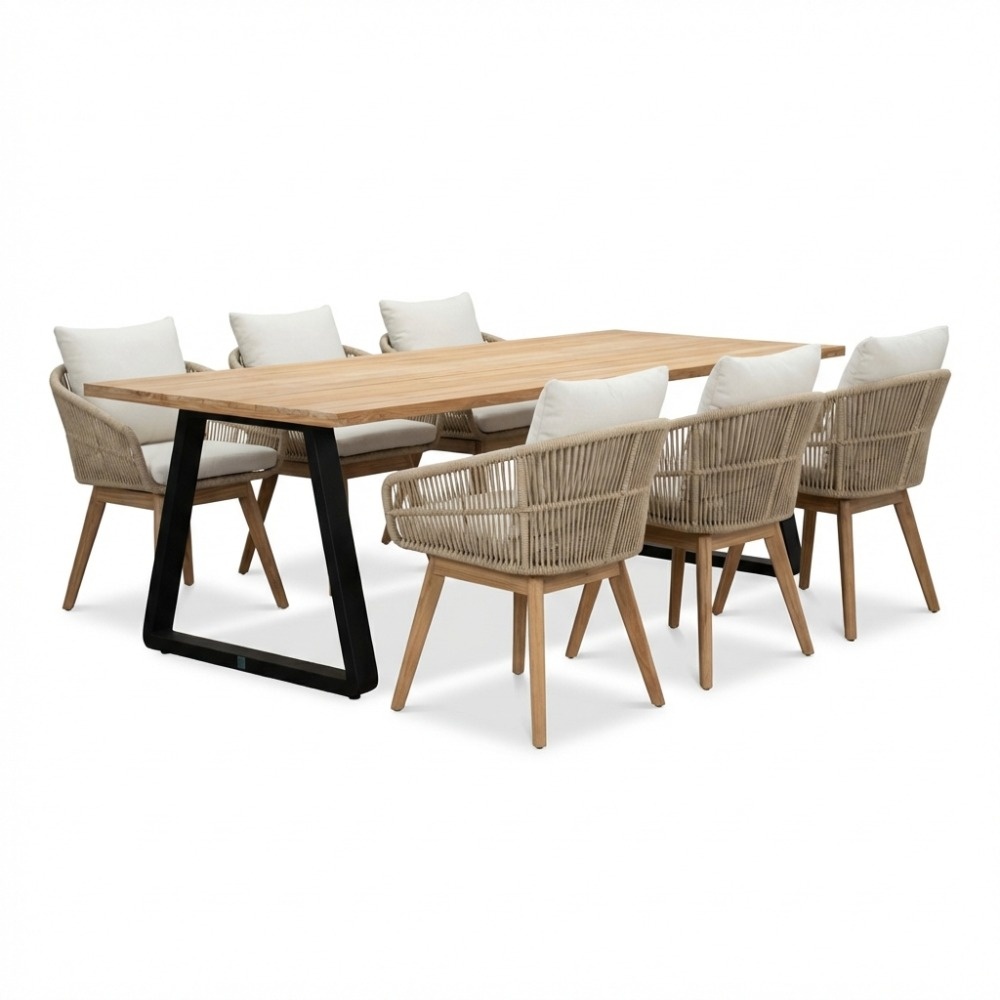 Elena/Bella zand dining tuinset | 6 personen | teakhout + touw | 240cm