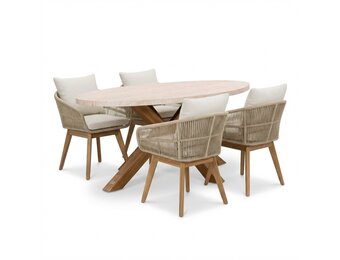Lorento/Bella zand dining tuinset | 4 personen | travertin + touw | 200cm