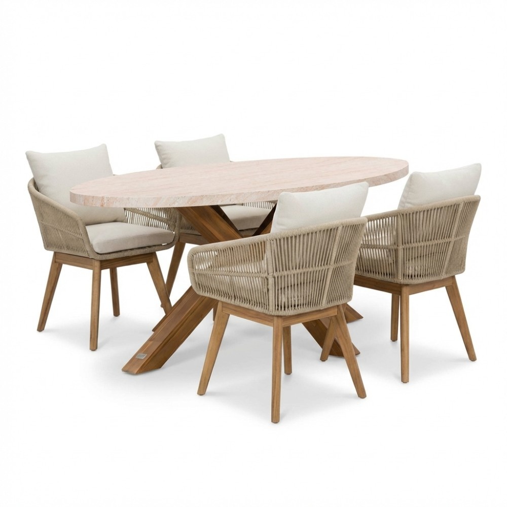 Lorento/Bella zand dining tuinset | 4 personen | travertin + touw | 200cm afbeelding