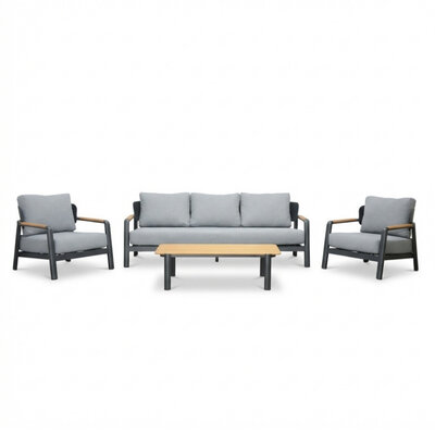 Marbella stoel-bank loungeset 5 personen | aluminium + teak | antraciet | 4-delig