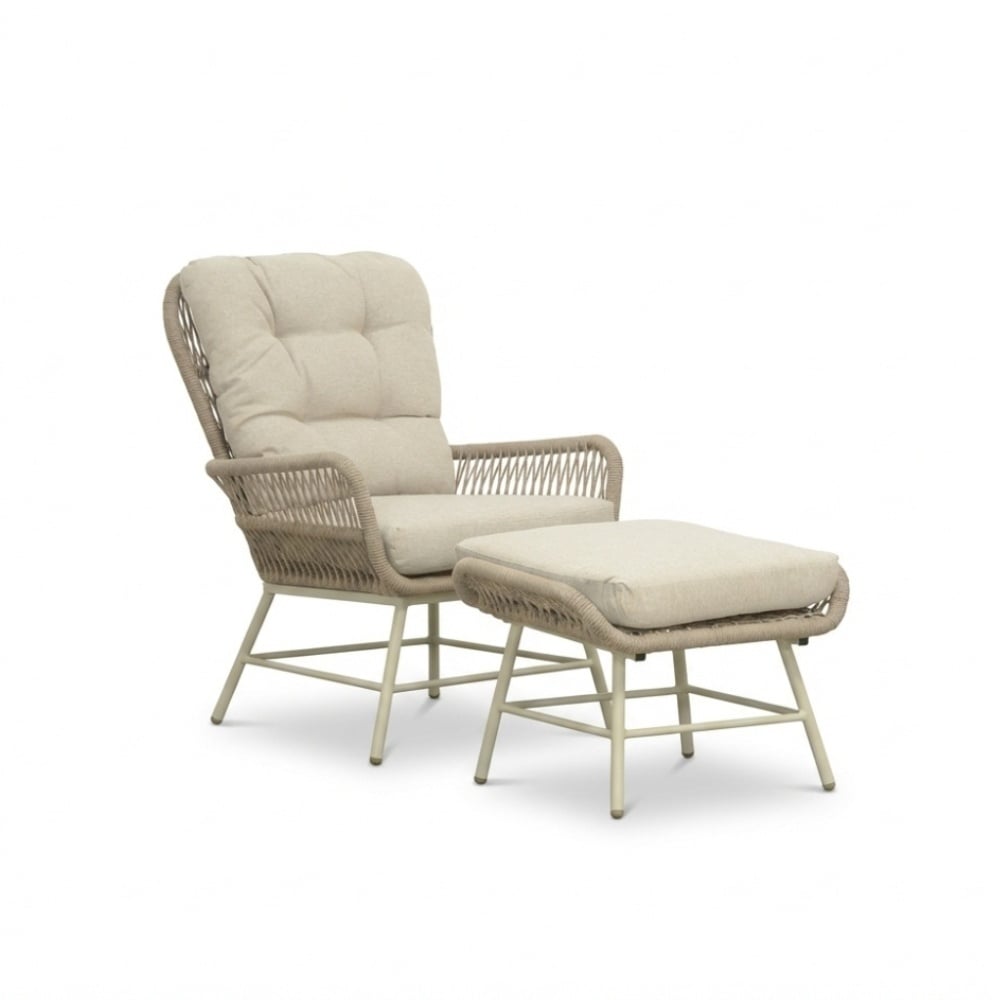 Dex loungestoel incl. voetenbank | touw + aluminium | Almond Beige