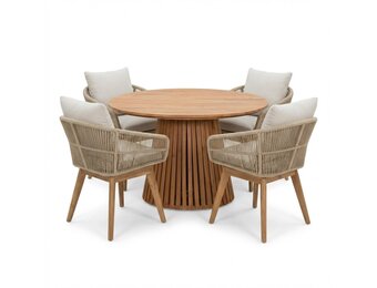 Palau/Bella zand dining tuinset | 4 personen | teakhout + touw | 120cm rond