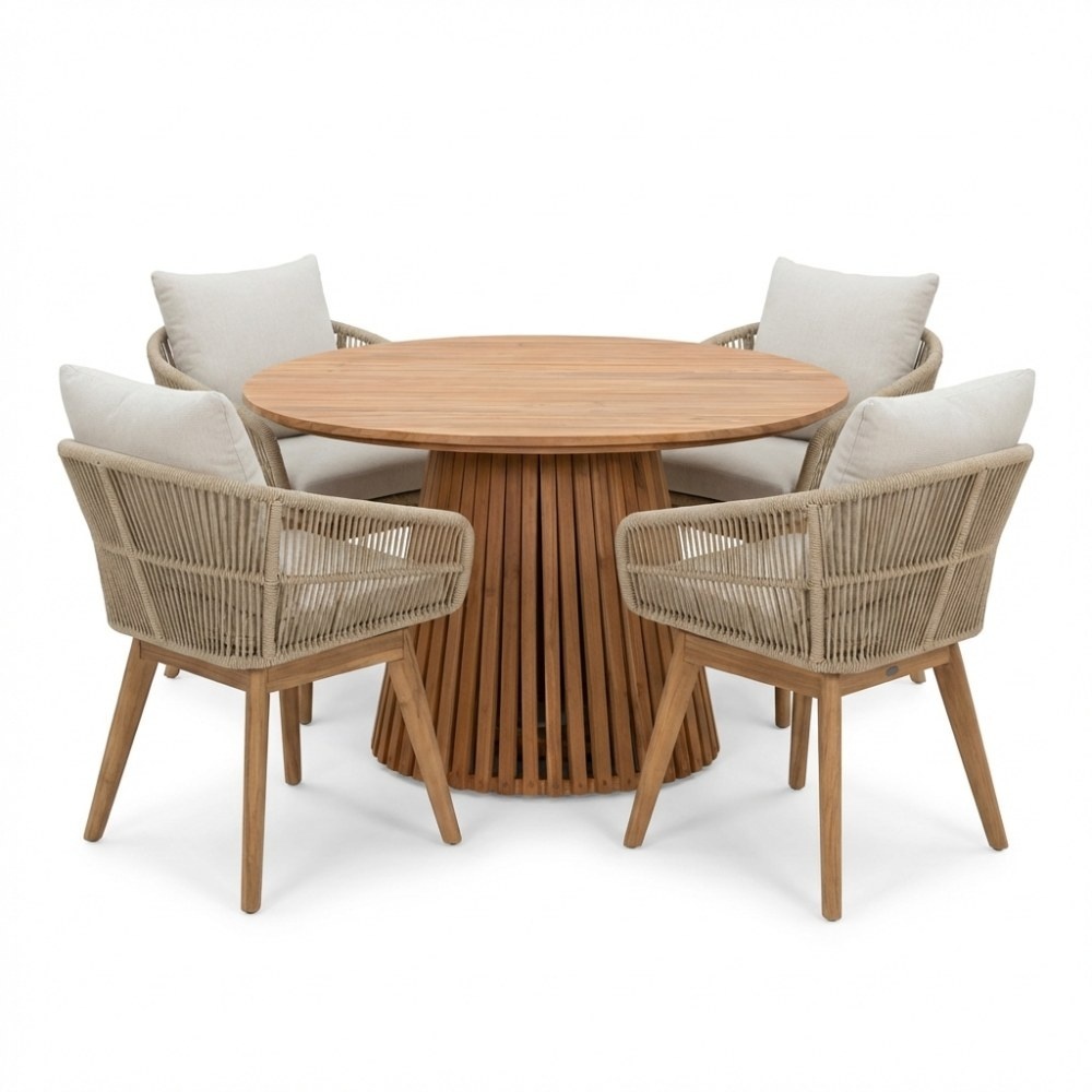 Palau/Bella zand dining tuinset | 4 personen | teakhout + touw | 120cm rond afbeelding