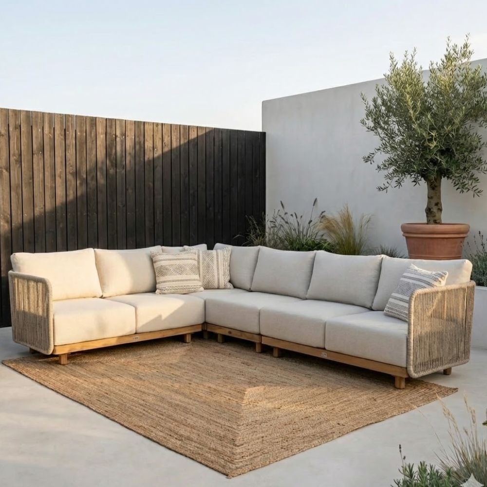 Sienna hoek loungeset 6 personen | touw + hardhout | zand | 4-delig - 296x226cm