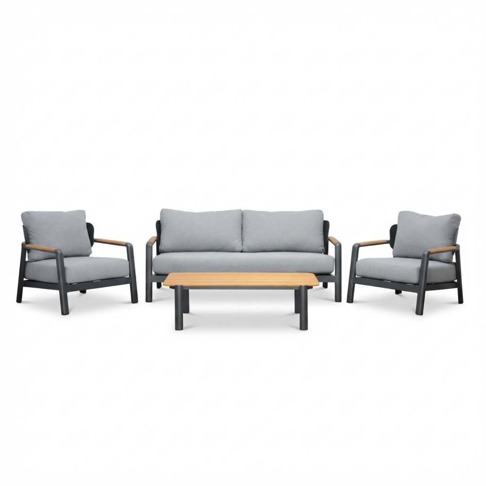 Marbella stoel-bank loungeset 4 personen | aluminium + teak | antraciet | 4-delig