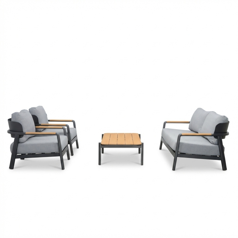 Marbella stoel-bank loungeset 4 personen | aluminium + teak | antraciet | 4-delig