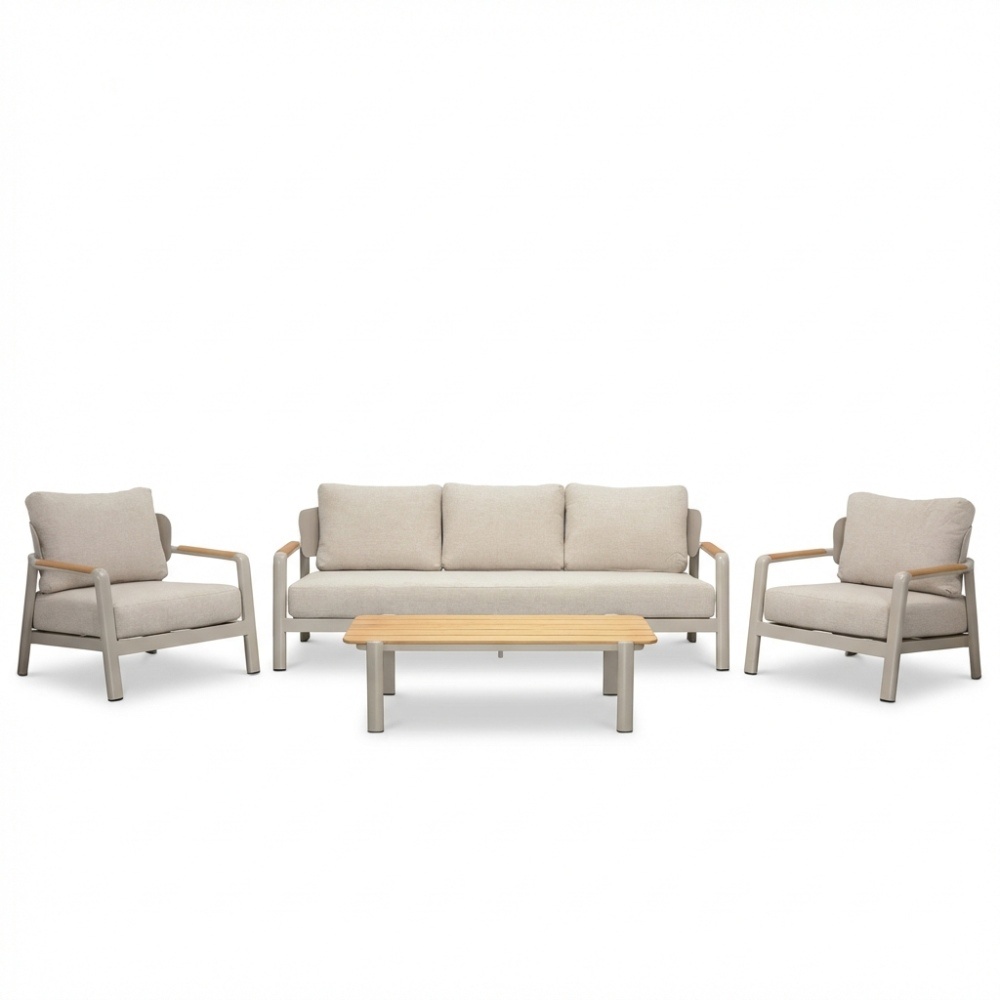 Marbella stoel-bank loungeset 5 personen | aluminium + teak | beige | 4-delig