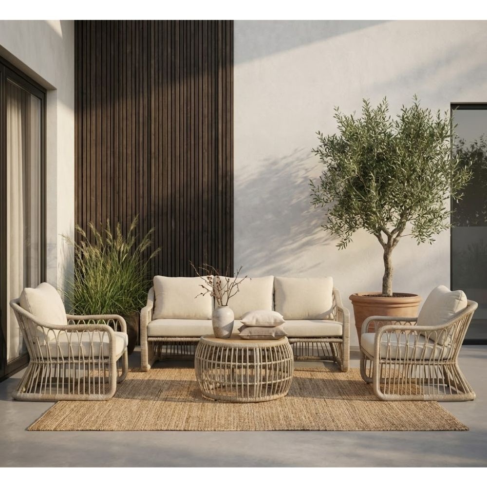 Bruno stoel-bank loungeset 5 personen incl. tafel | wicker | Mexican Sand | 4-delig