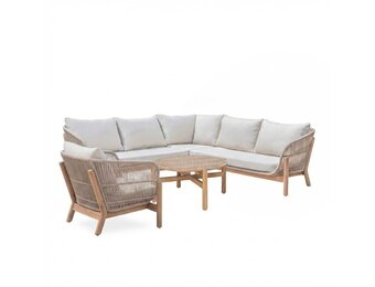 Braga hoek loungeset 6 personen incl. tafel & stoel | touw + hardhout | zand | 5-delig - 235x235cm