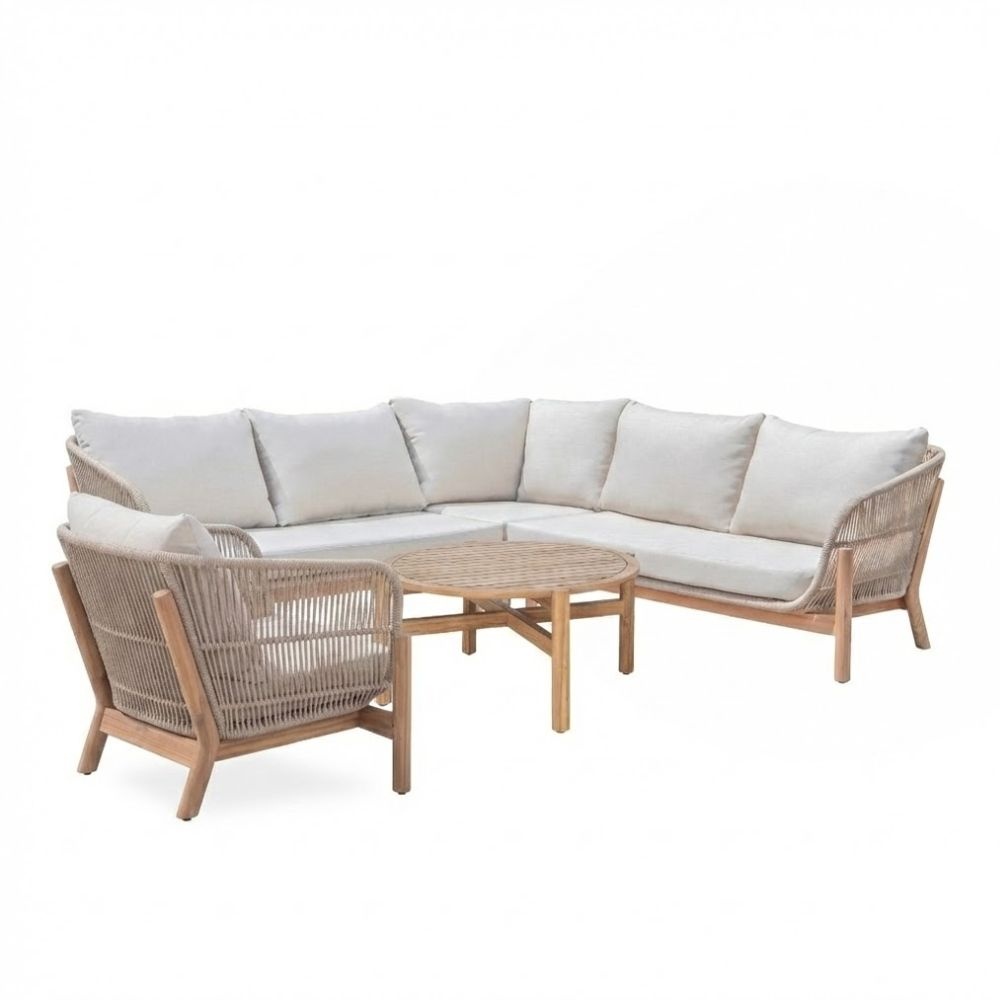 Braga hoek loungeset 6 personen incl. tafel&stoel | touw + hardhout | zand | 5-delig - 235x235cm afbeelding