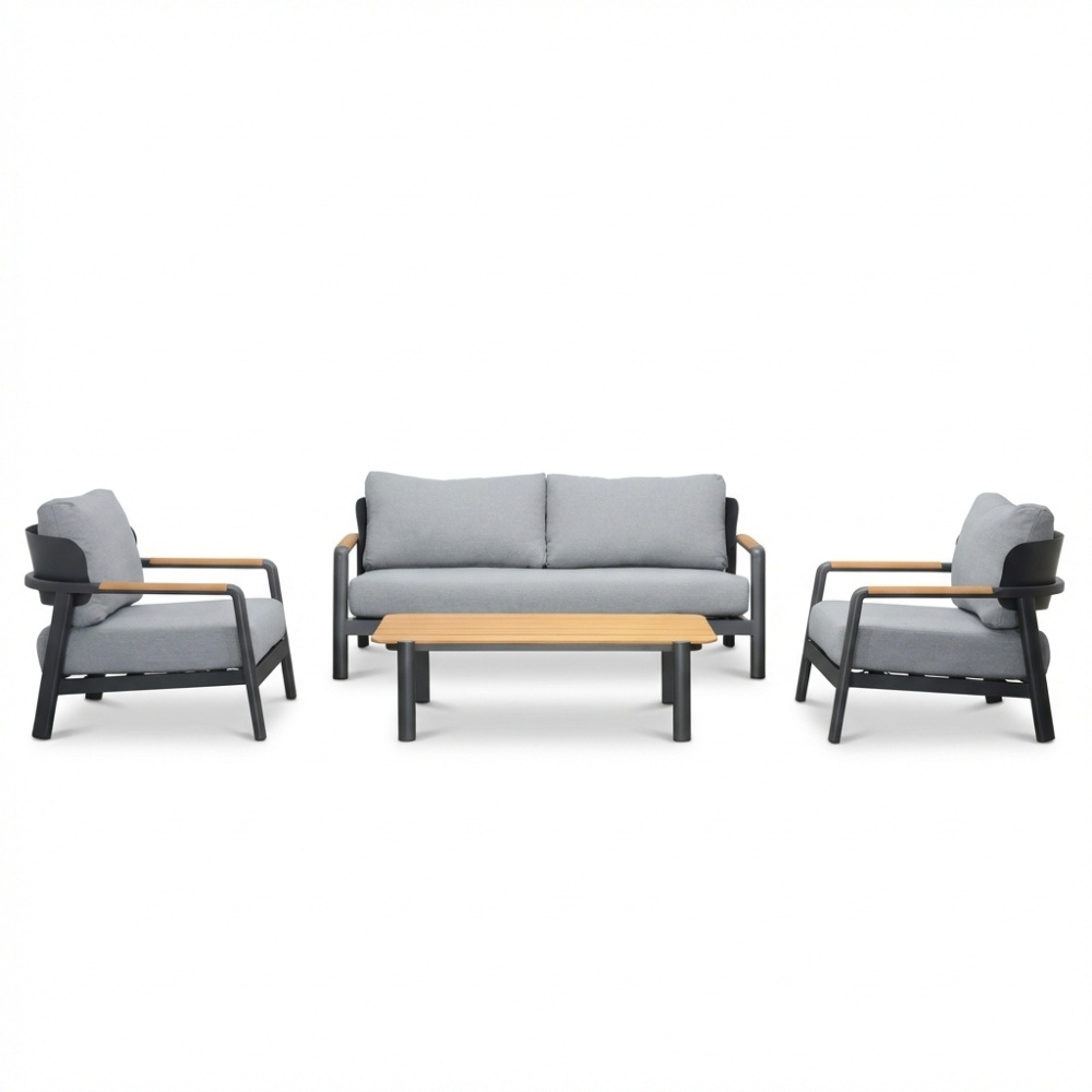 Marbella stoel-bank loungeset 4 personen | aluminium + teak | antraciet | 4-delig