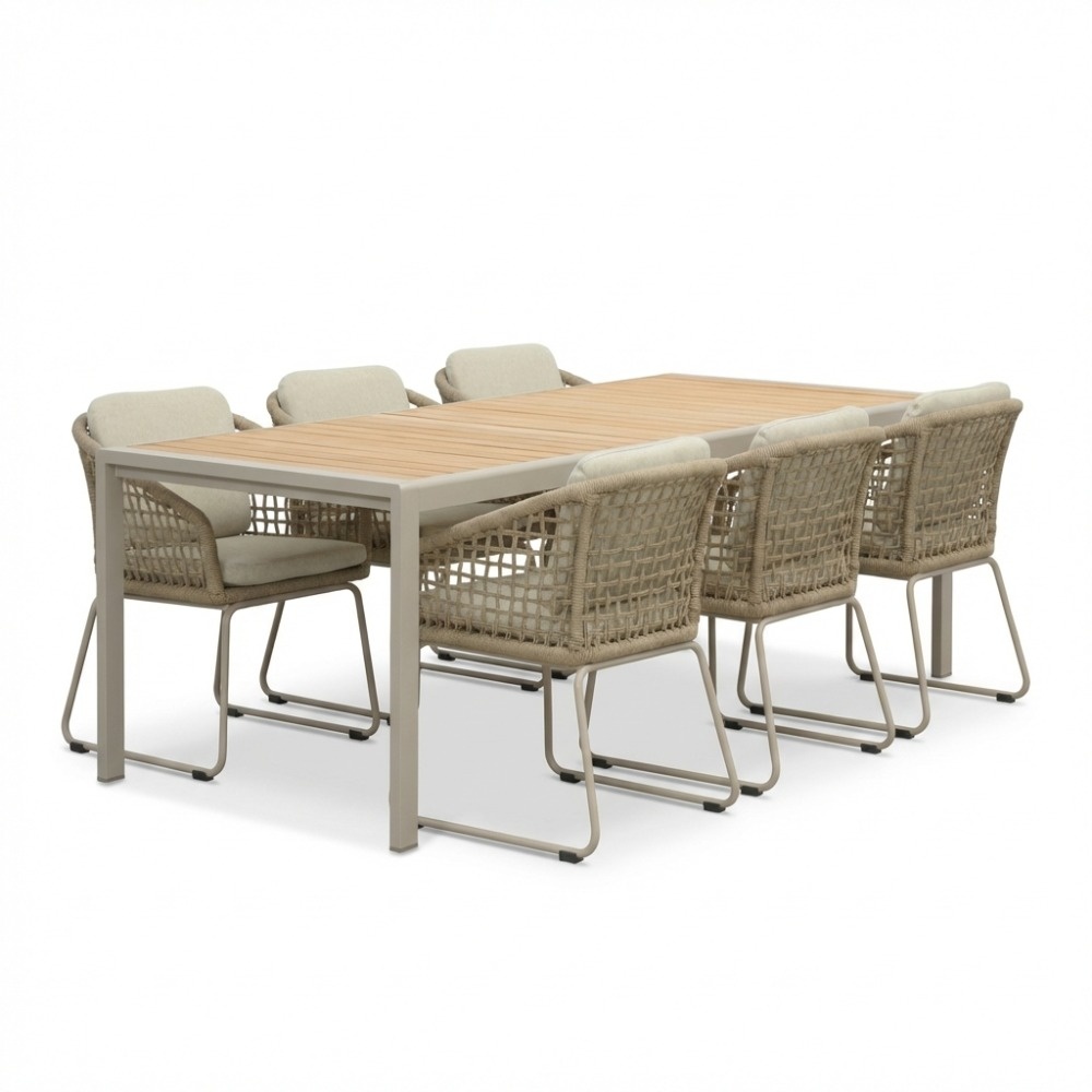 Annecy beige/Tulum Sandstone dining tuinset | 6 personen | teakhout + touw | 227cm