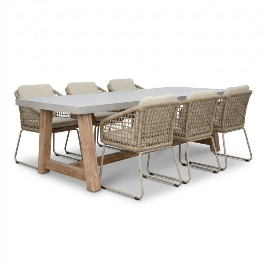Veltis/Tulum Sandstone dining tuinset | 6 personen | polystone + touw | 250cm afbeelding
