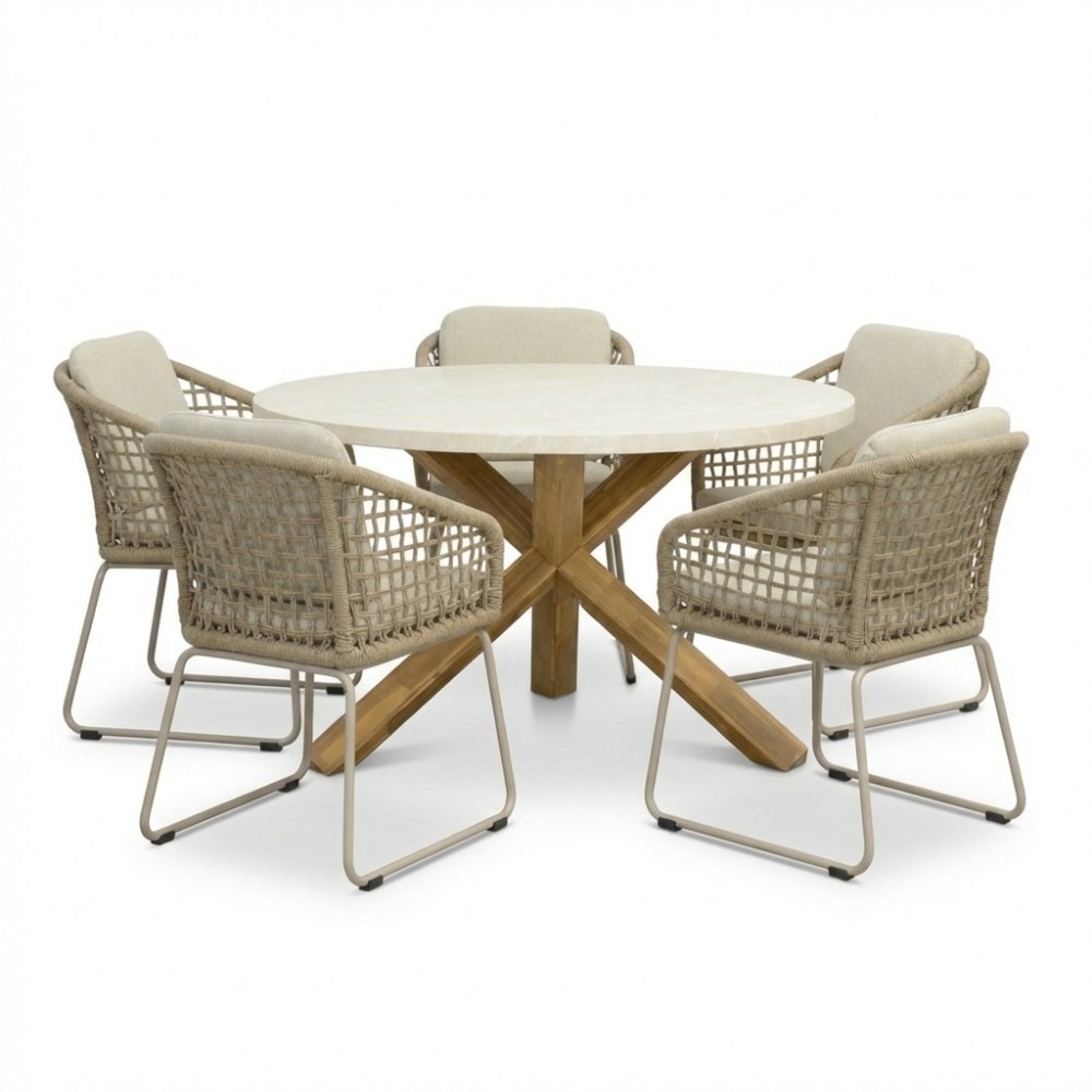 Lucy/Tulum Sandstone dining tuinset | 5 personen | polystone + touw | 135cm