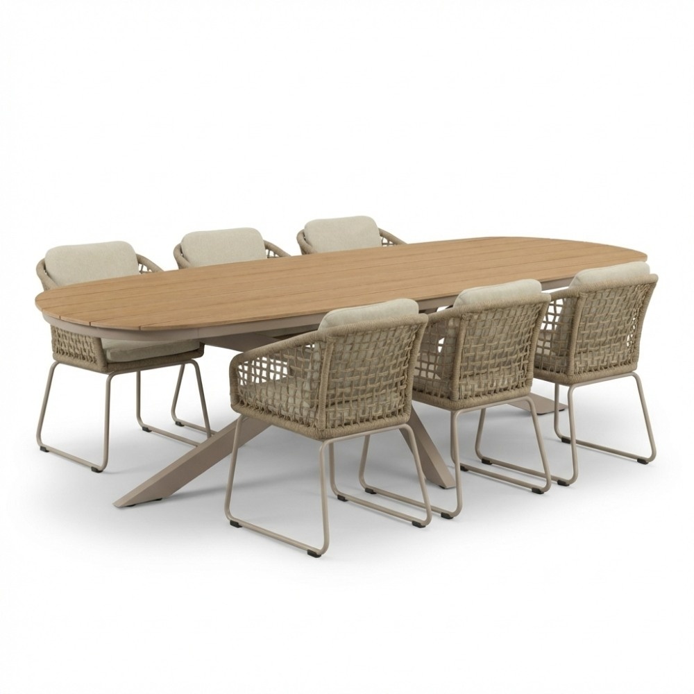 Texas/Tulum Sandstone dining tuinset | 6 personen | polywood + touw | 260cm Deens ovaal