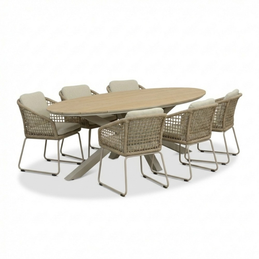 Dallas/Tulum Sandstone dining tuinset | 6 personen | polywood + touw | 220cm afbeelding