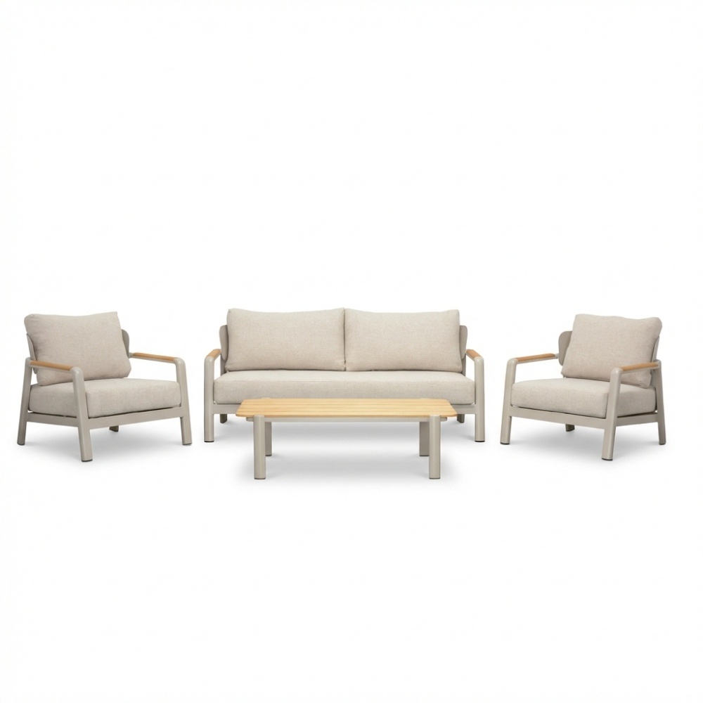 Marbella stoel-bank loungeset 4 personen | aluminium + teak | beige | 4-delig
