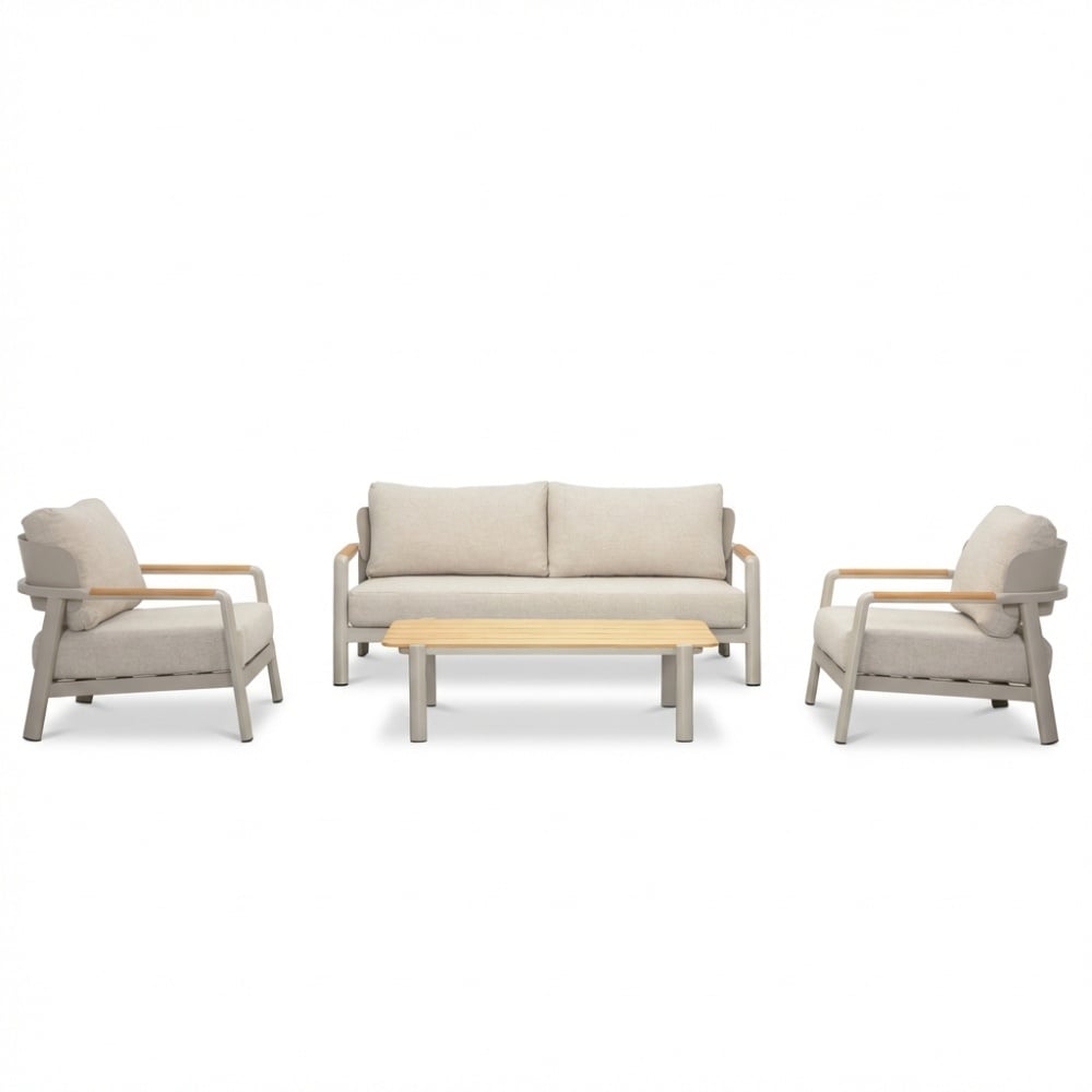 Marbella stoel-bank loungeset 4 personen | aluminium + teak | beige | 4-delig