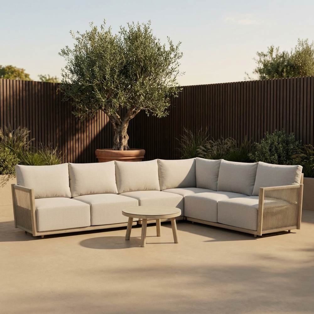 Beau hoek loungeset 6 personen incl. tafel 70cm rond | aluminium + touw | grijs | 5-delig - 304x234cm
