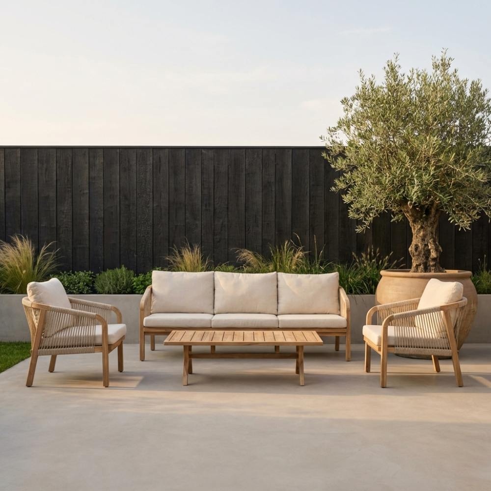 Bergamo stoel-bank loungeset 5 personen incl. tafel 127cm | touw + hardhout | zand | 4-delig