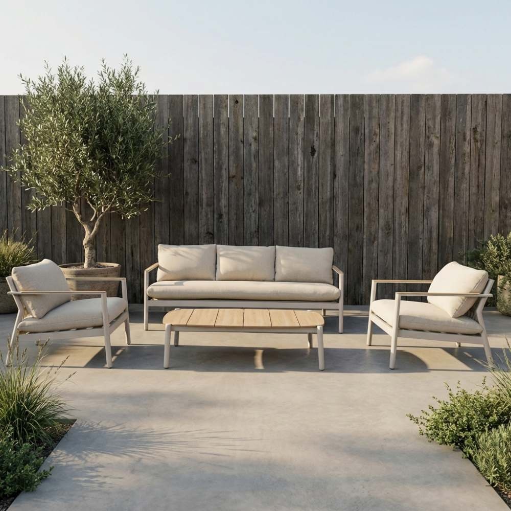 Florence stoel-bank loungeset 5 personen incl. tafel | aluminium + touw | beige | 4-delig