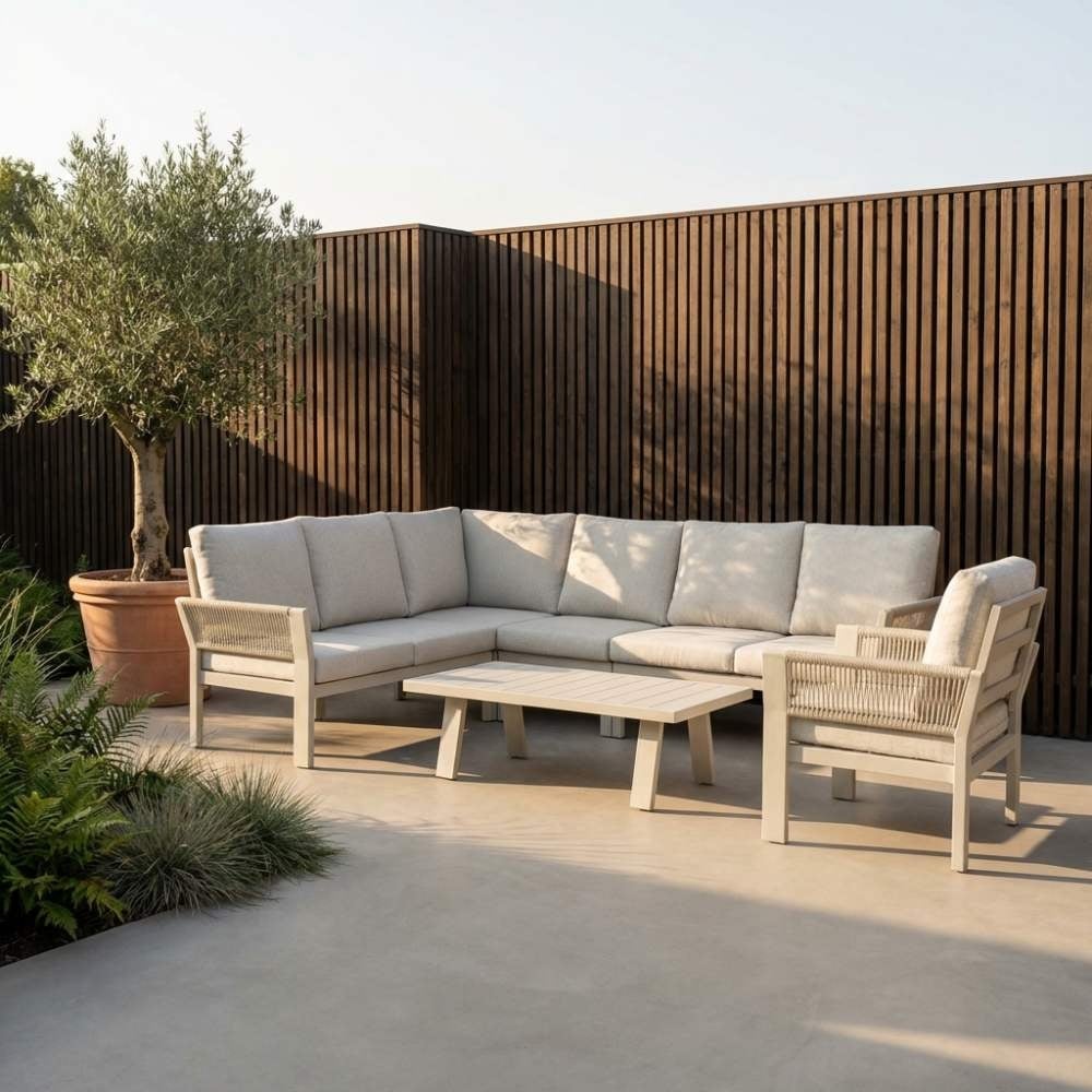 Venezia hoek loungeset incl. stoel en tafel 7 personen | aluminium + touw | beige | 6-delig