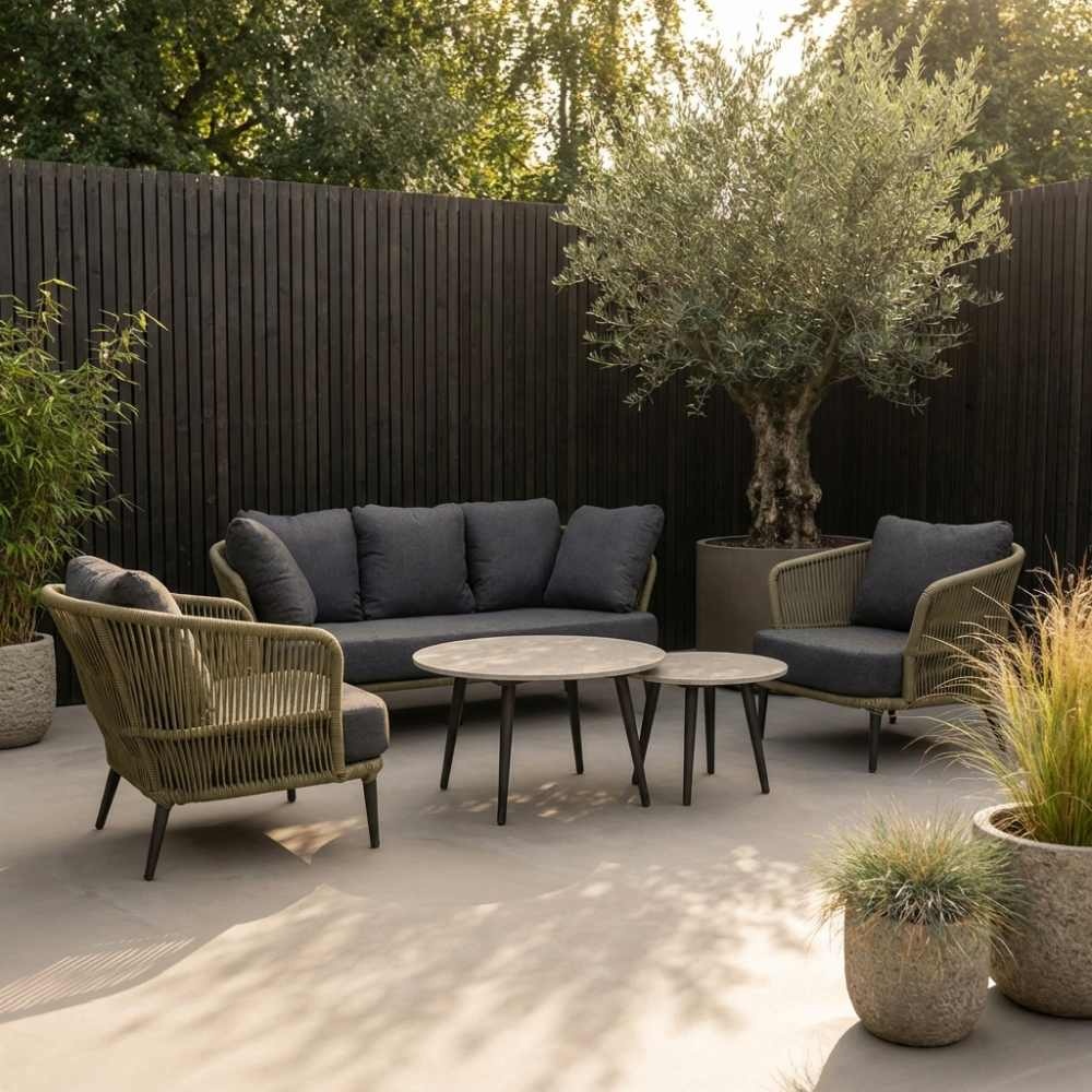 Palermo stoel-bank loungeset met betonlook tafel 5 personen | aluminium + touw | olijfgroen | 5-delig