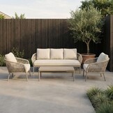 Mykonos stoel-bank loungeset 5 personen incl. tafel | aluminium + touw | beige | 4-delig