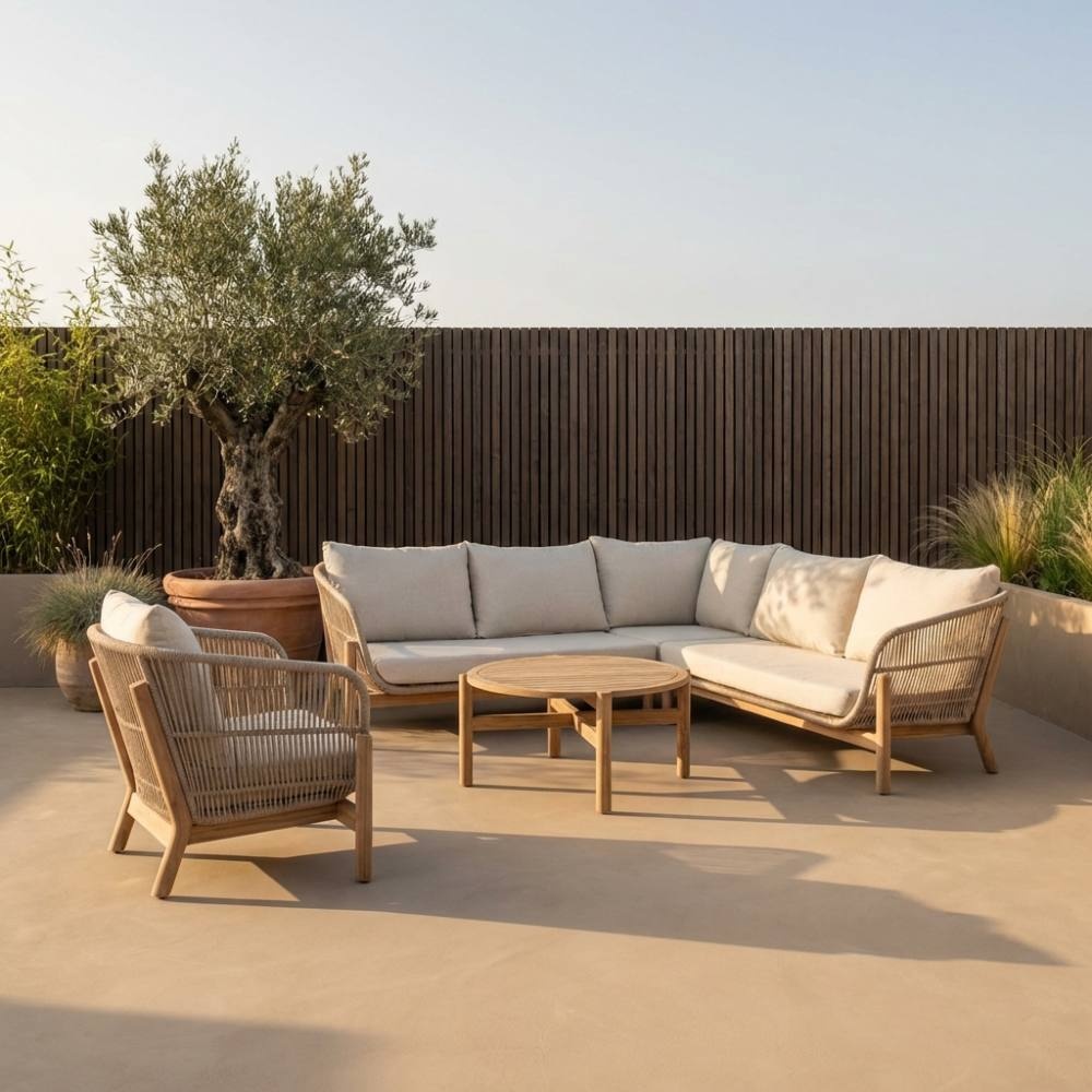 Braga hoek loungeset 6 personen incl. tafel &amp; stoel | touw + hardhout | zand | 5-delig - 235x235cm