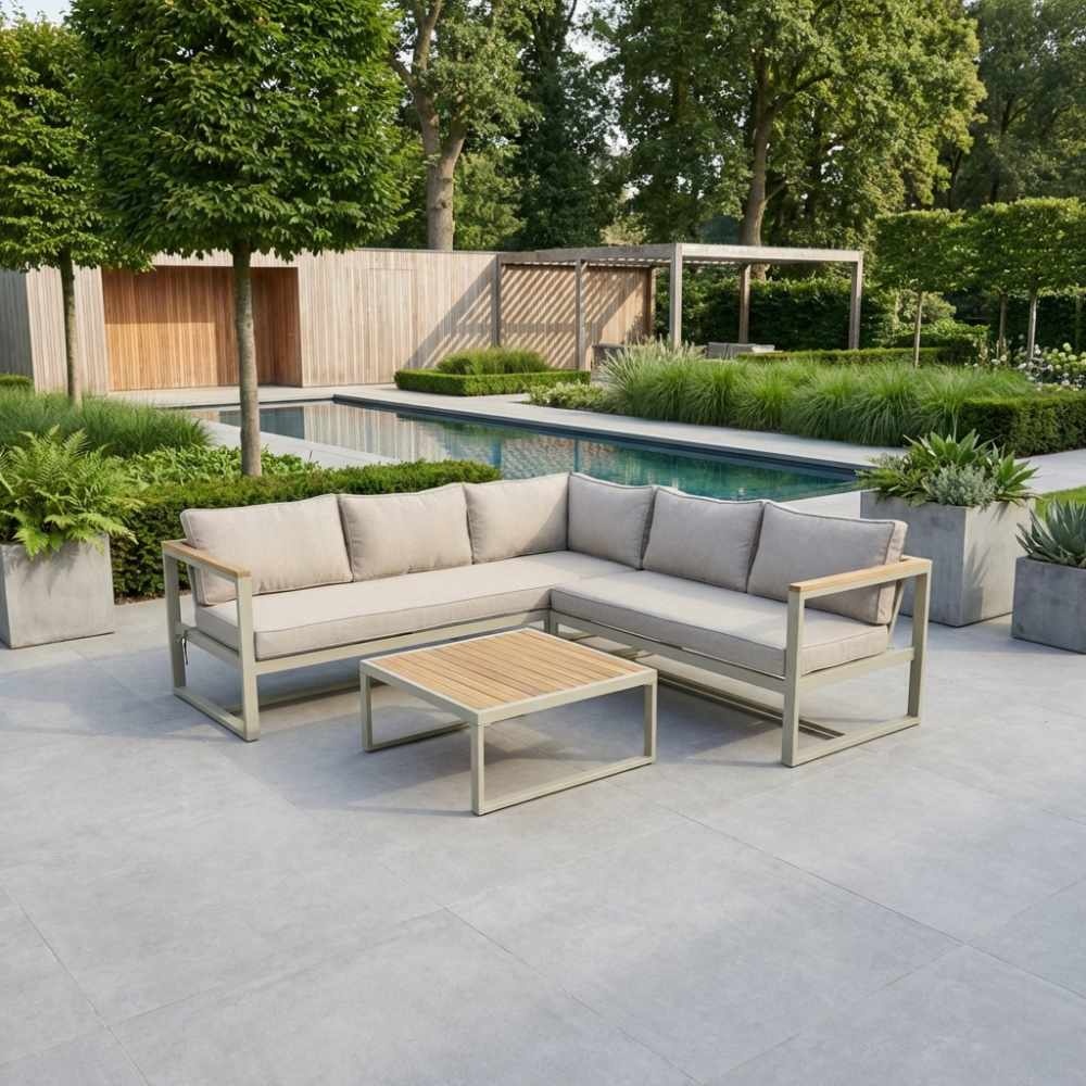 Milton hoek loungeset beige 5 personen | hardhout + staal | beige | 3-delig - 215x215cm
