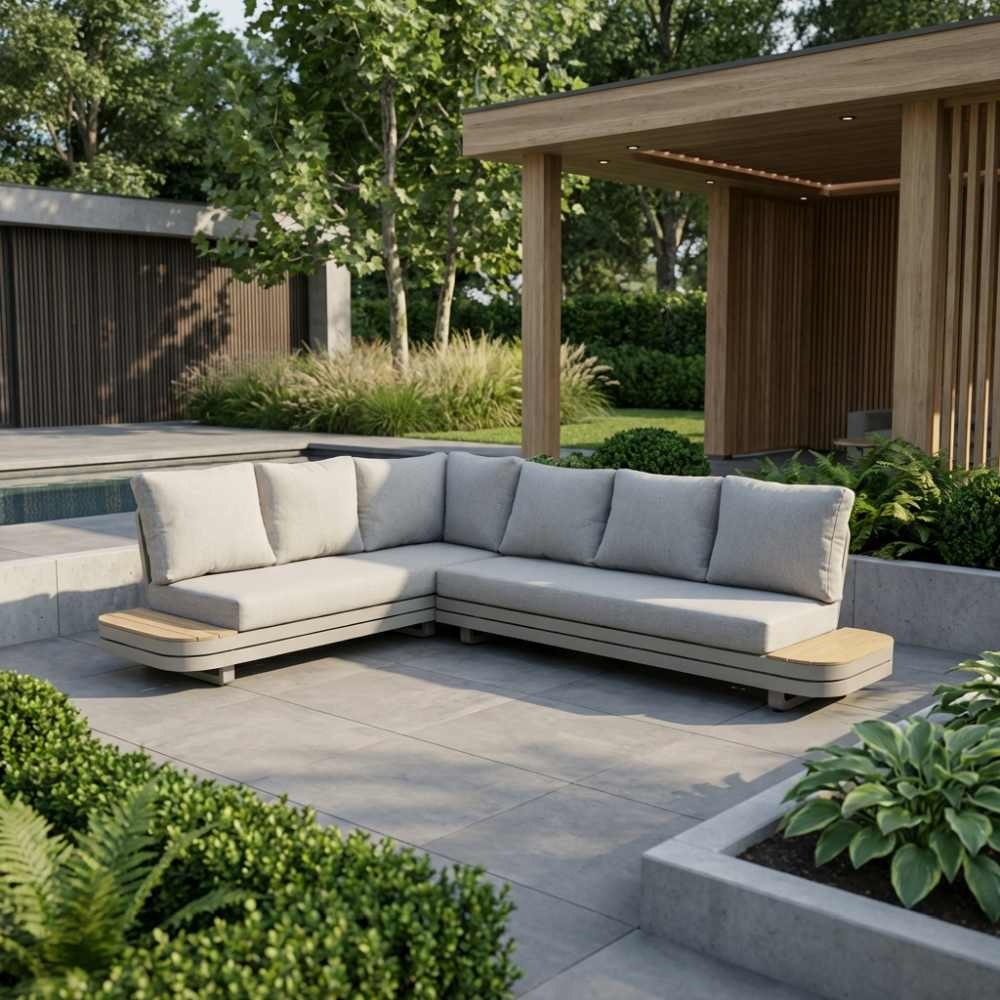 Serrento hoek loungeset links 6 personen | aluminium + polywood | beige |  2-delig - 241x226cm