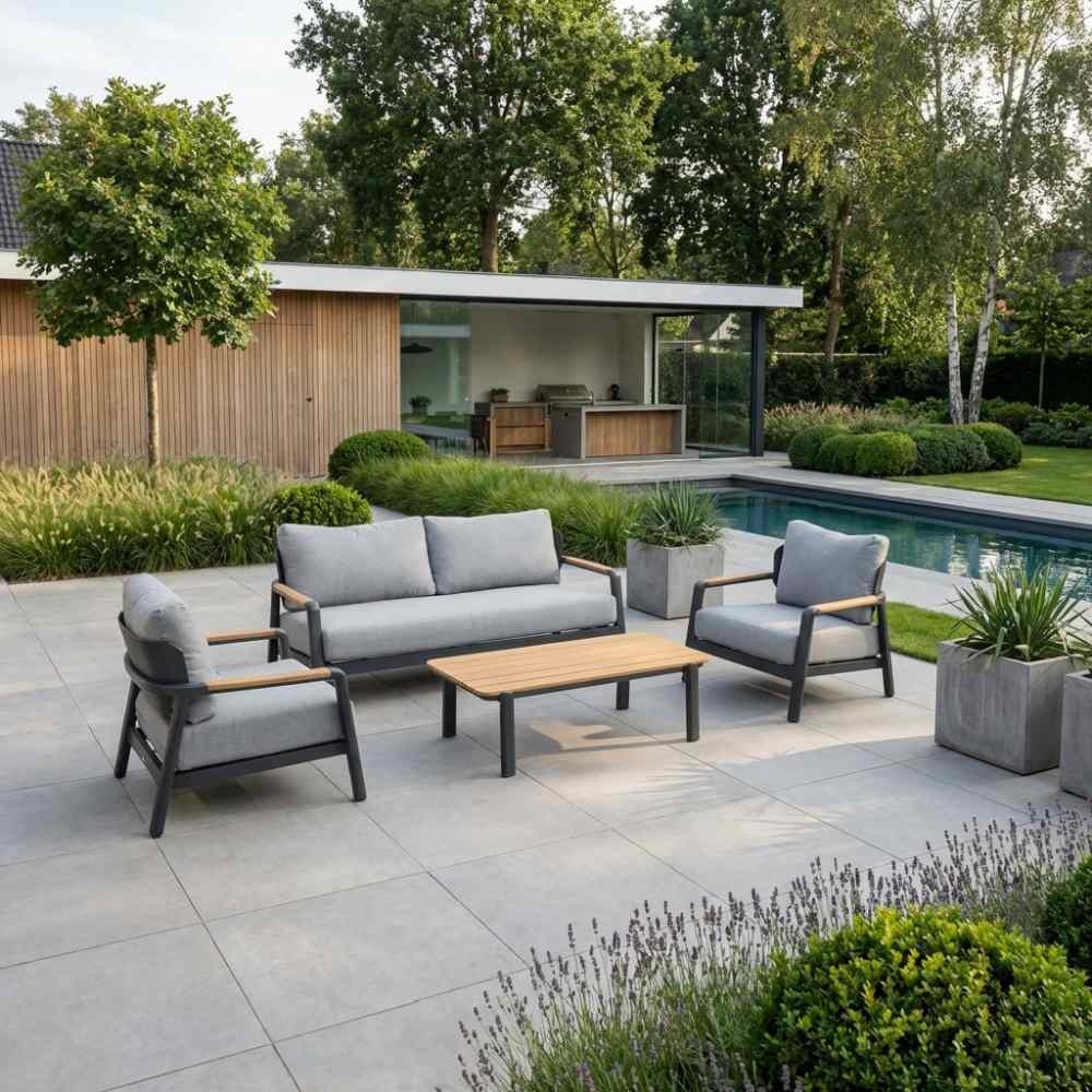 Marbella stoel-bank loungeset 4 personen | aluminium + teak | antraciet | 4-delig