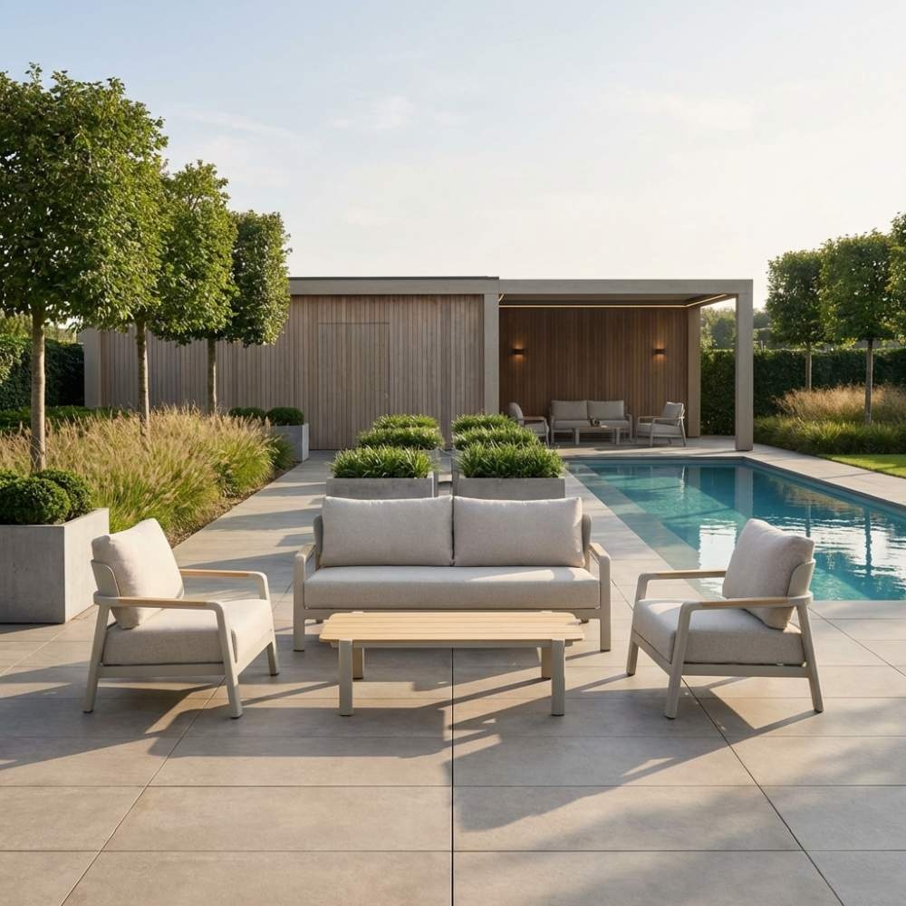 Marbella stoel-bank loungeset 4 personen | aluminium + teak | beige | 4-delig