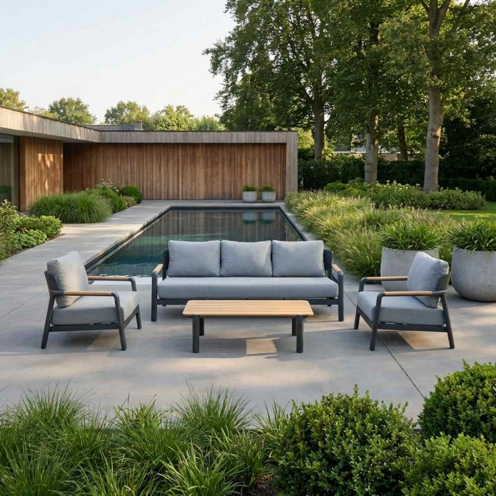 Marbella stoel-bank loungeset 5 personen | aluminium + teak | antraciet | 4-delig