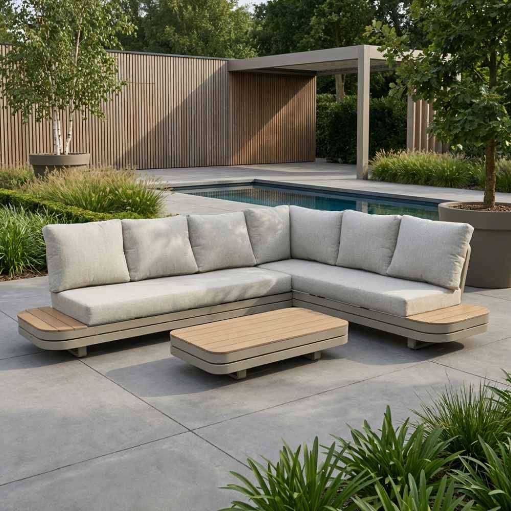 Serrento hoek loungeset rechts 6 personen inc. tafel | aluminium + polywood | beige | 4-delig