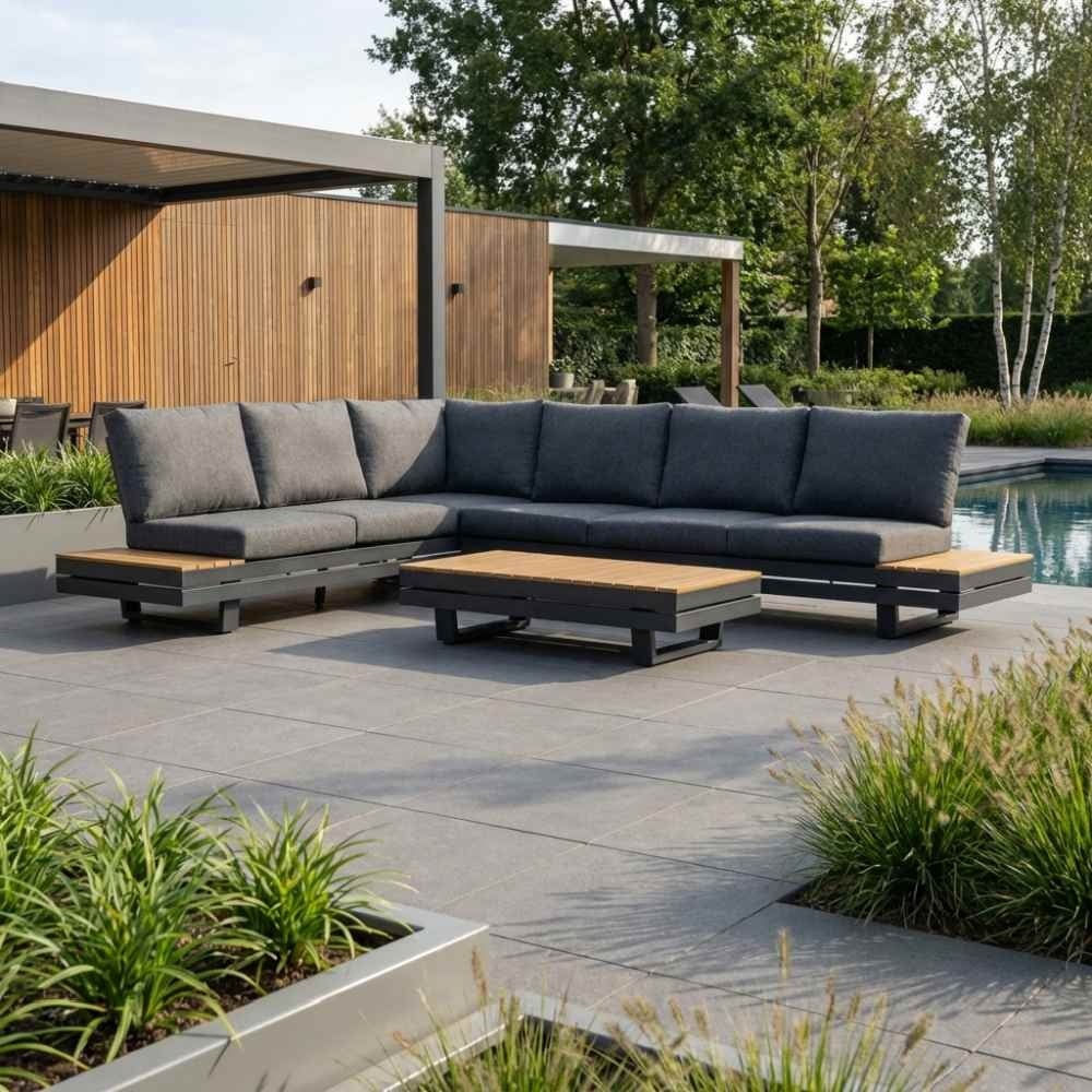 Vegas hoek loungeset-links 6 personen incl. tafel | aluminium + polywood | antraciet | 5-delig