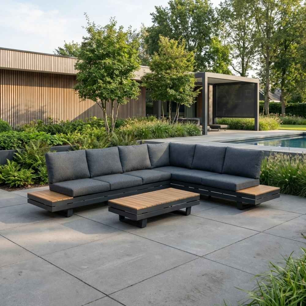 Vegas hoek loungeset-rechts 6 personen incl. tafel | aluminium + polywood | antraciet | 5-delig