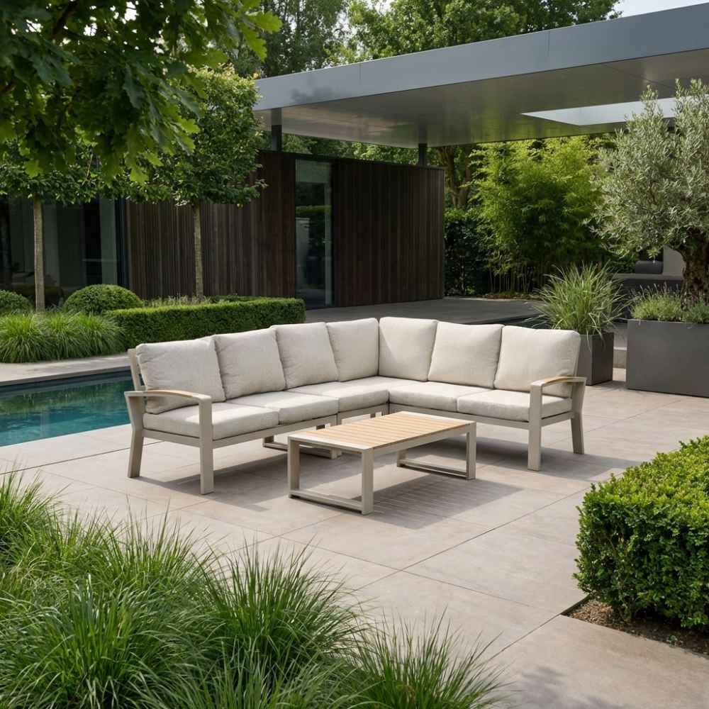 Seattle hoek loungeset 6 personen incl. tafel | aluminium + polywood | beige | 6-delig - 270x210cm