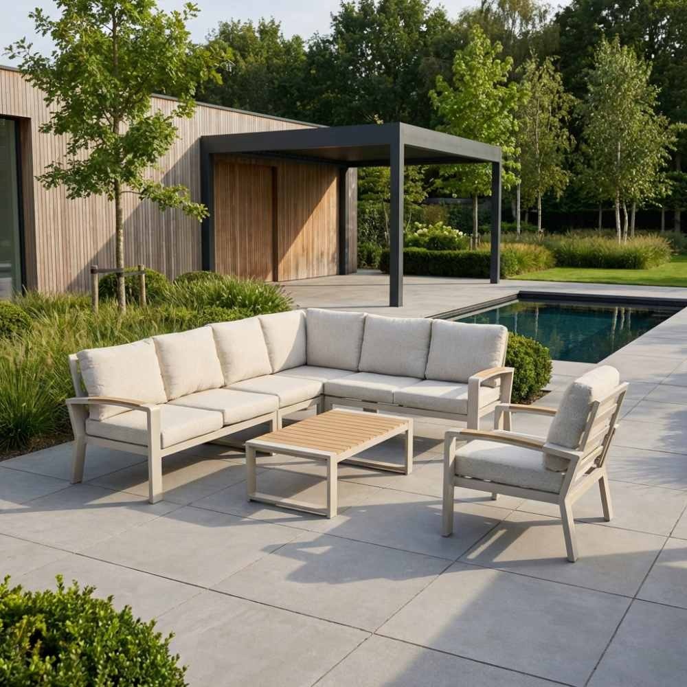 Seattle hoek loungeset met stoel 7 personen incl. tafel | aluminium + polywood | beige | 5-delig