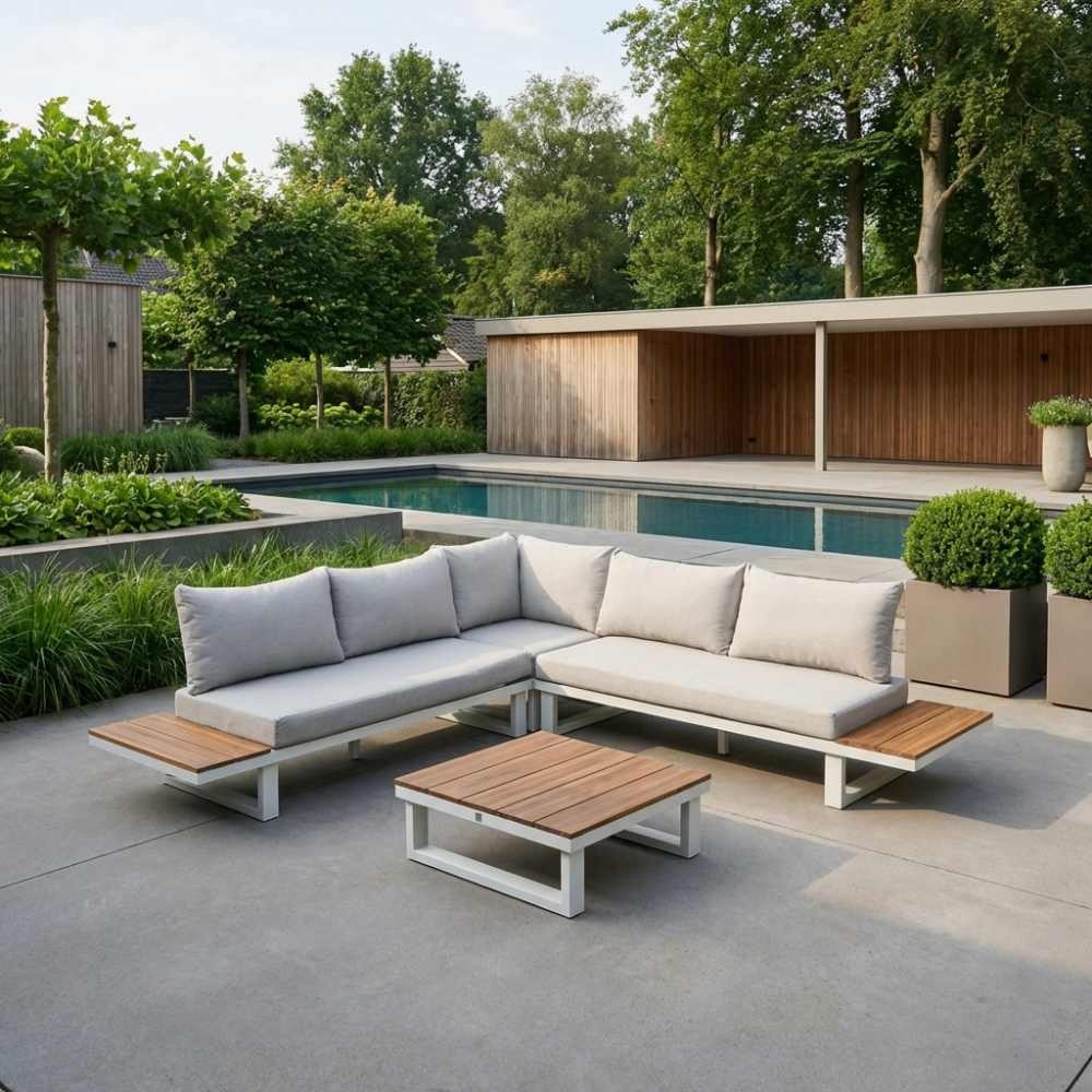 Canyon hoek loungeset 5 personen incl. tafel | aluminium + hardhout | wit/Light Teaklook  | 5-delig