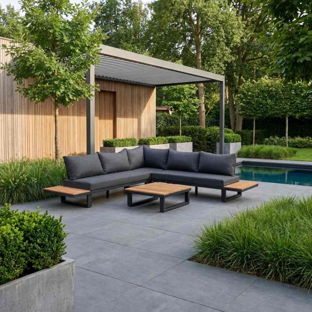 Canyon hoek loungeset incl. tafel | aluminium + hardhout | Antraciet/Light Teaklook | 4-delig