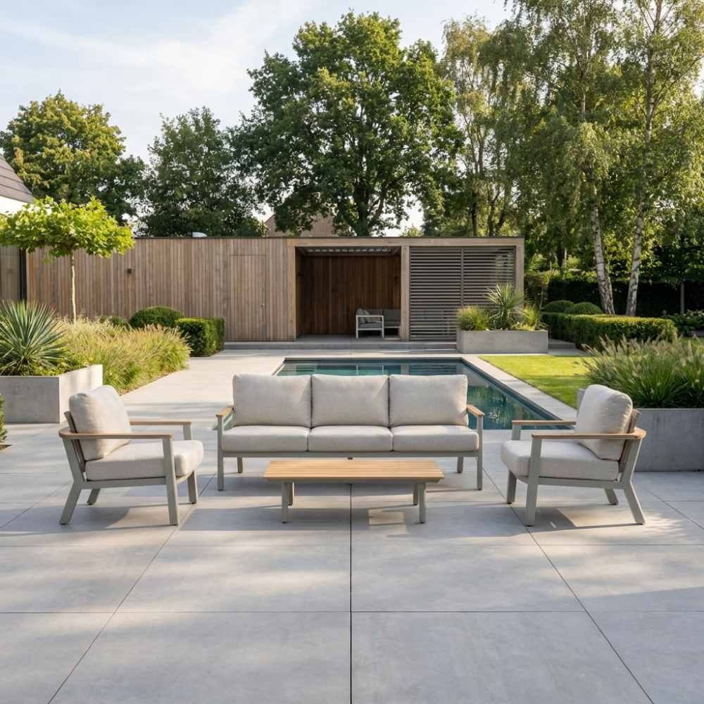 Montana stoel-bank loungeset 5 personen incl. tafel | aluminium + teak | beige | 4-delig