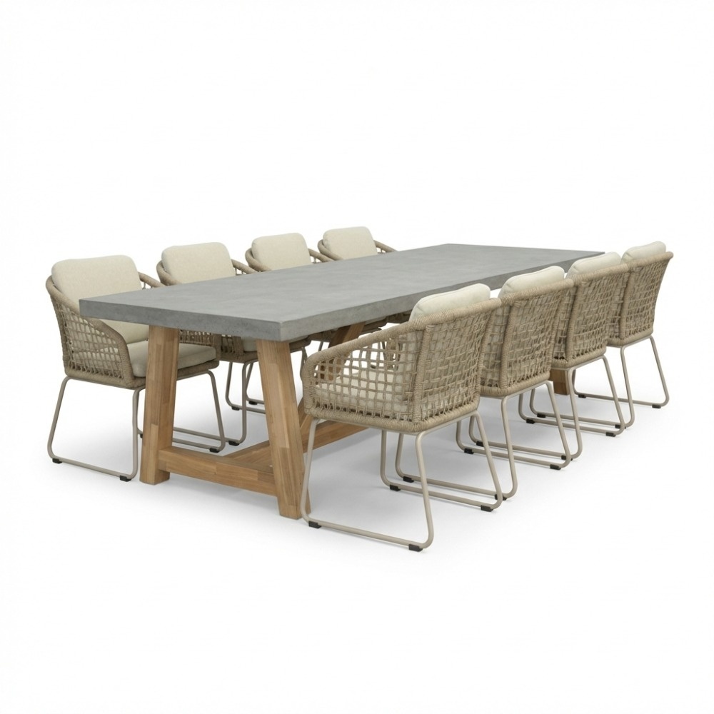 Veltis/Tulum Sandstone dining tuinset | 8 personen | polystone + touw | 300cm