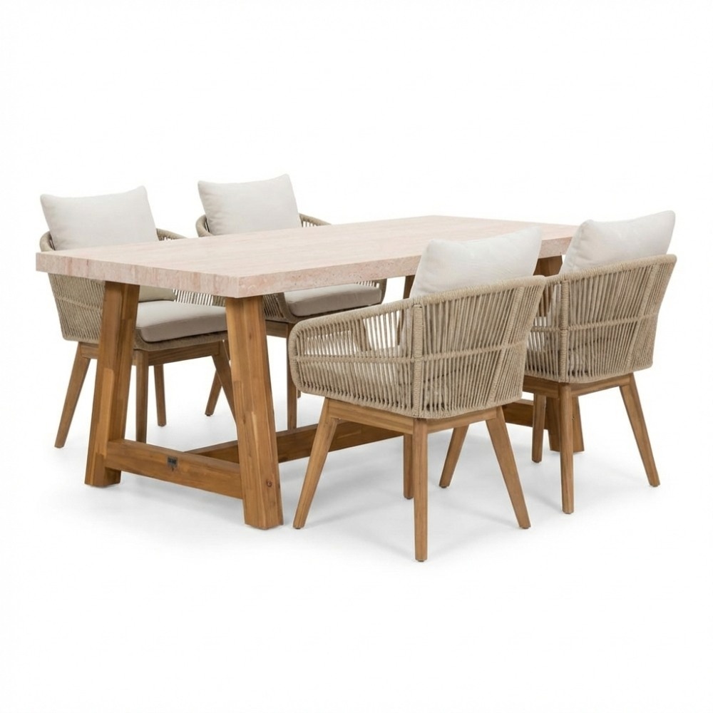 Velora/Bella zand dining tuinset | 4 personen | travertin + touw | 200cm